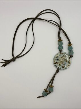 Handcrafted Boho Sand Dollar Pendant Necklace in Aqua and Brown